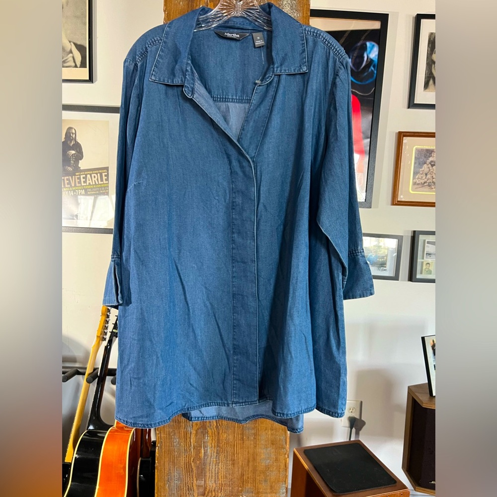 Martha Stewart Chambray Button Front 3/4- Sleeve Hi-Low Hem Blouse Plus Size 1X